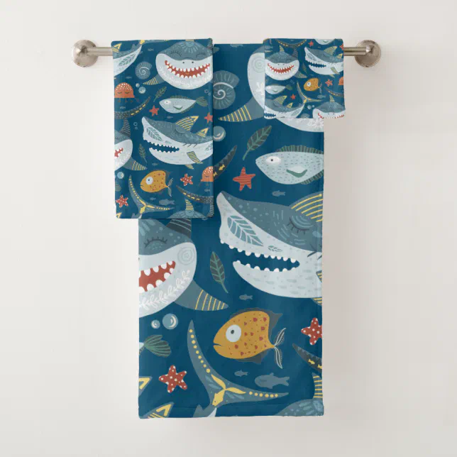 Funny Happy Shark Blue Ocean Animal Pattern Bath Towel Set Zazzle