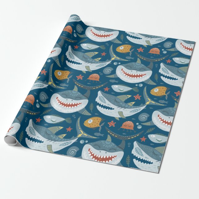 Funny Happy Shark Blue Ocean Animal Pattern Wrapping Paper (Unrolled)