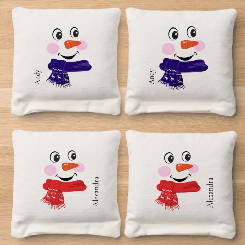 Funny Happy SmilingSnowman Face Red  Blue Scarfs Cornhole Bags
