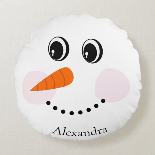 Funny Happy Snowman Face Monogrammed With Name Round Pillow