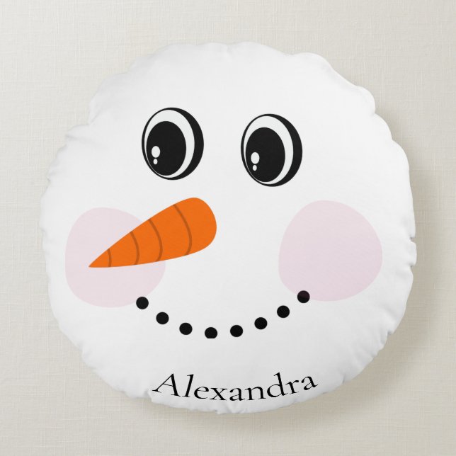 Funny Happy Snowman Face Monogrammed With Name Round Pillow (Front)