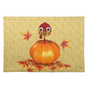Funny Happy Thanksgiving Turkey in Pumpkin Cloth Placemat