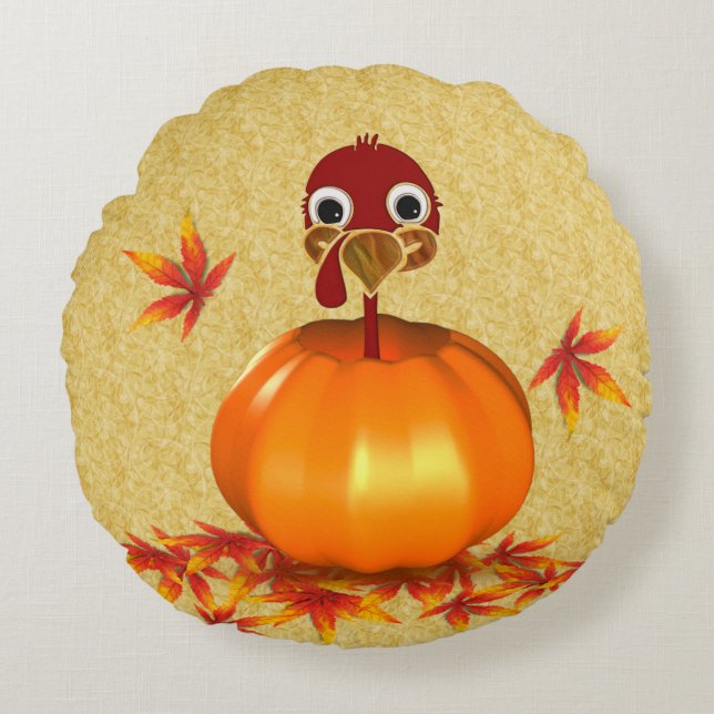 Funny Happy Thanksgiving Turkey in Pumpkin Round Pillow (Front)