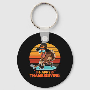 Funny Happy Thanksgiving Turkey Playing Ice Hockey Keychain
