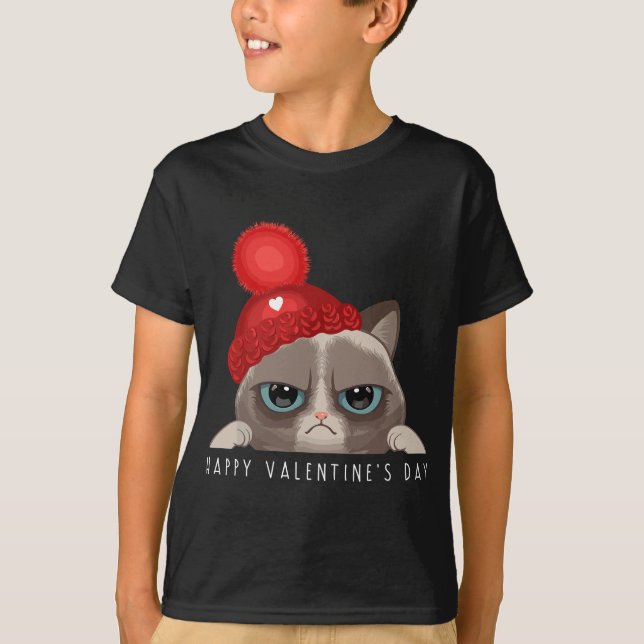 Funny Happy Valentine's Day Cat Love Heart Boys Gi T-Shirt (Front)