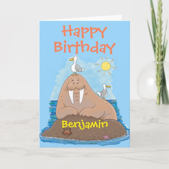 Funny happy walrus cartoon illustation cartoon card (Front)
