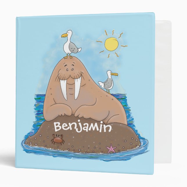 Funny happy walrus cartoon illustration 3 ring binder (Front/Inside)