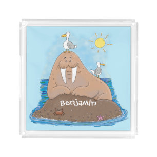 Funny happy walrus cartoon illustration acrylic tray