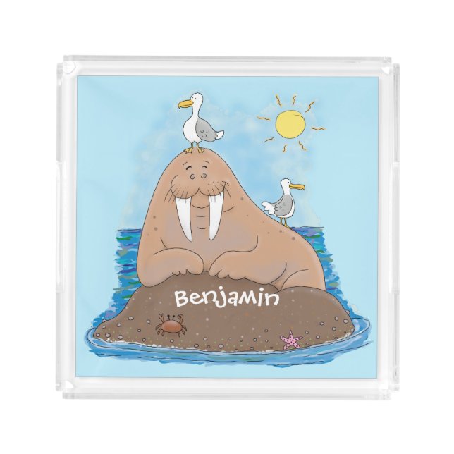 Funny happy walrus cartoon illustration acrylic tray (Front)