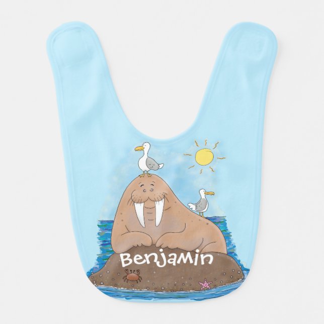 Funny happy walrus cartoon illustration baby bib (Front)