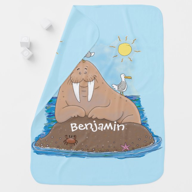 Funny happy walrus cartoon illustration baby blanket (In Situ)