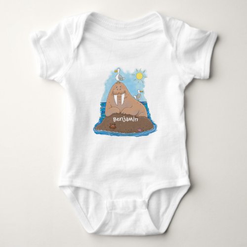 Funny happy walrus cartoon illustration baby bodysuit