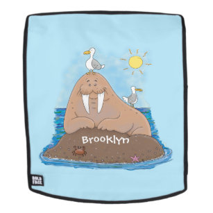 Funny happy walrus cartoon illustration backpack