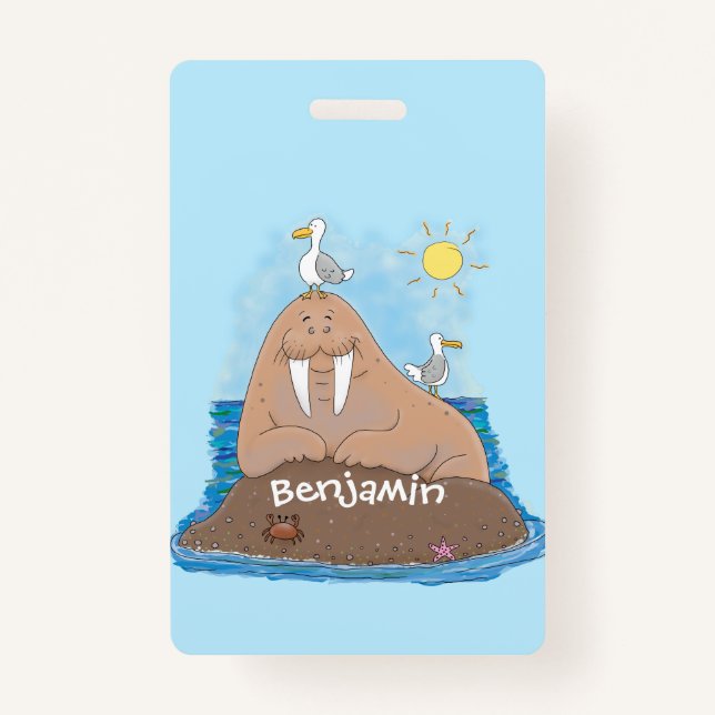 Funny happy walrus cartoon illustration badge (Front)
