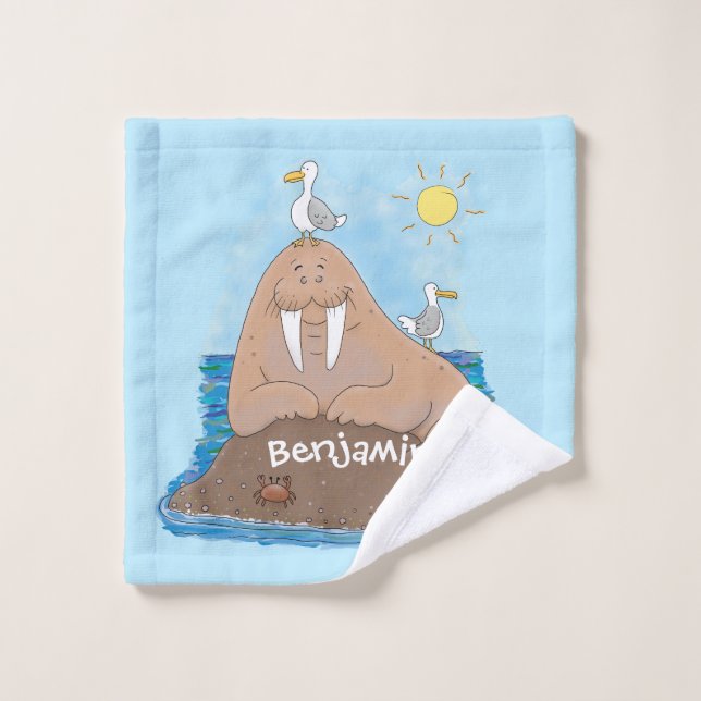 Funny happy walrus cartoon illustration bath towel set (Wash Cloth)
