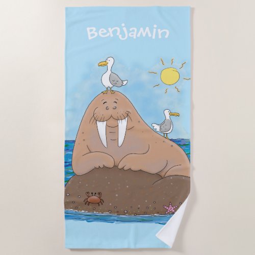 Funny happy walrus cartoon illustration beach towel