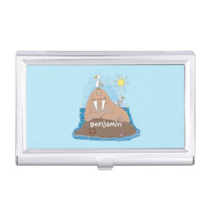 Funny happy walrus cartoon illustration business card case