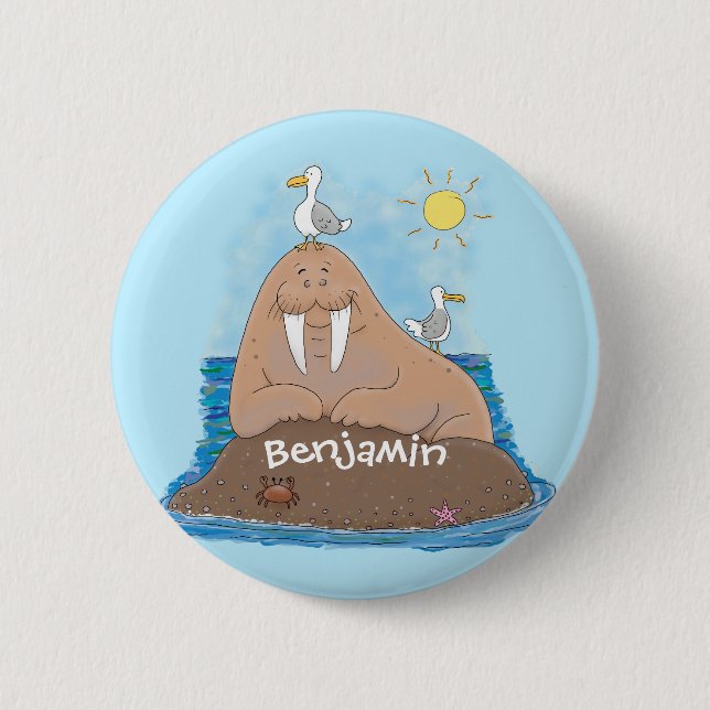 Funny happy walrus cartoon illustration button (Front)