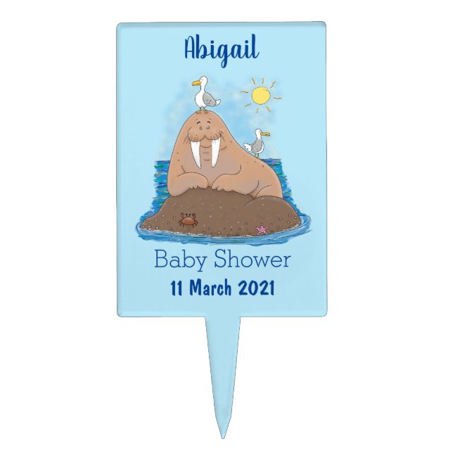 Funny happy walrus cartoon illustration cake topper (Front)