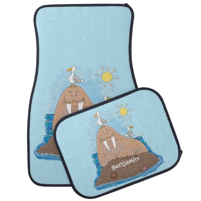 Funny happy walrus cartoon illustration  car floor mat (Set)