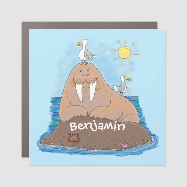 Funny happy walrus cartoon illustration car magnet (Front)