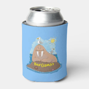Funny happy walrus cartoon illustration cartoon can cooler