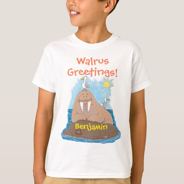 Funny happy walrus cartoon illustration cartoon T-Shirt (Front)