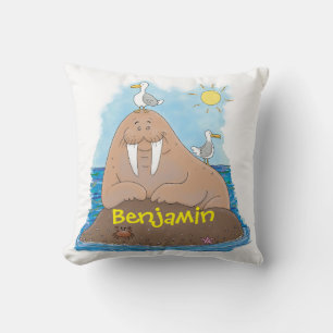Funny happy walrus cartoon illustration cartoon throw pillow