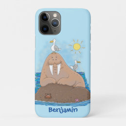 Funny happy walrus cartoon illustration iPhone 11 pro case