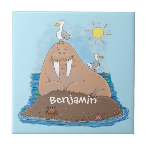 Funny happy walrus cartoon illustration ceramic tile
