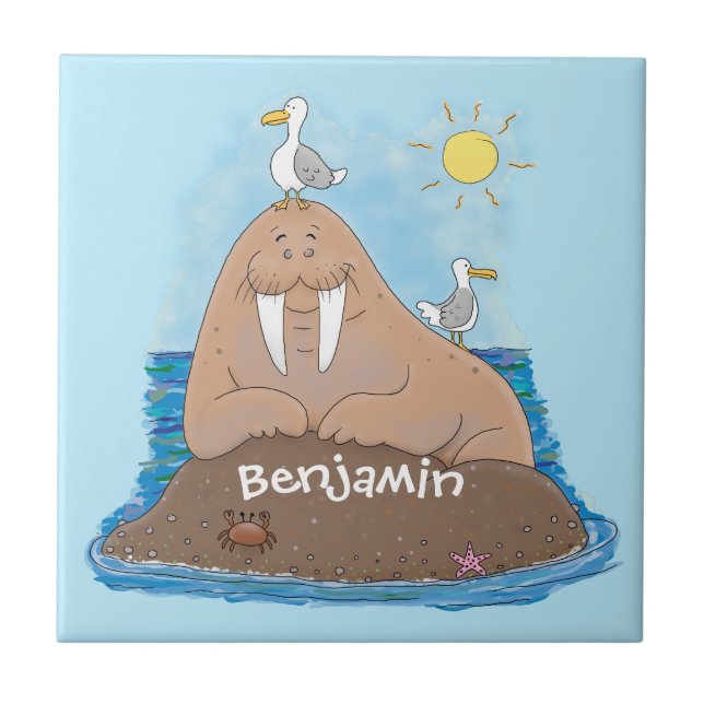 Funny happy walrus cartoon illustration ceramic tile (Front)