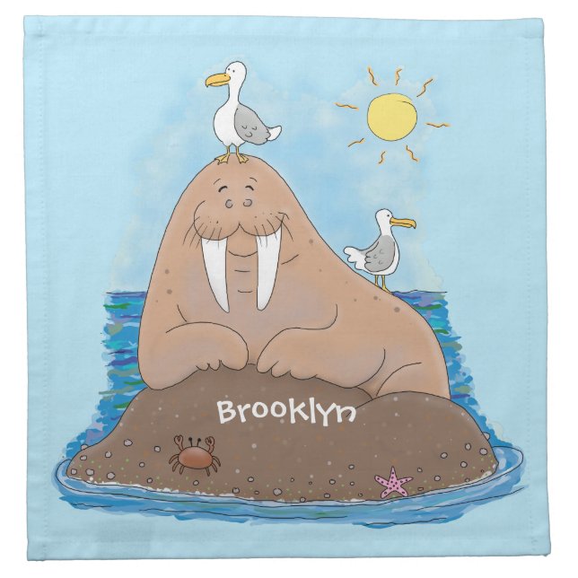 Funny happy walrus cartoon illustration cloth napkin (Front)