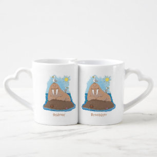 Funny happy walrus cartoon illustration coffee mug set
