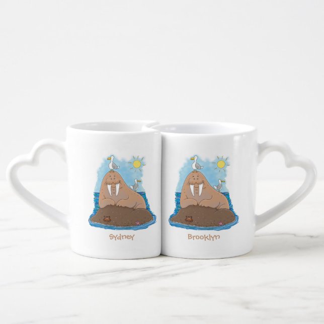 Funny happy walrus cartoon illustration coffee mug set (Back Nesting)