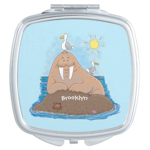 Funny happy walrus cartoon illustration compact mirror