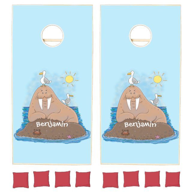 Funny happy walrus cartoon illustration cornhole set (Set)