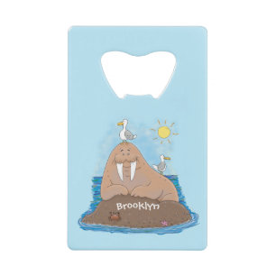 Funny happy walrus cartoon illustration credit card bottle opener