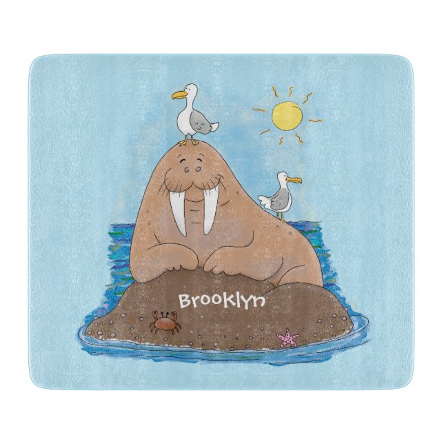 Funny happy walrus cartoon illustration cutting board (Front)
