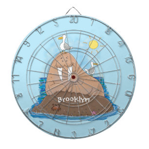Funny happy walrus cartoon illustration dart board