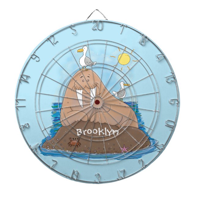 Funny happy walrus cartoon illustration dart board (Front)