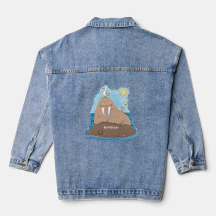 Funny happy walrus cartoon illustration denim jacket