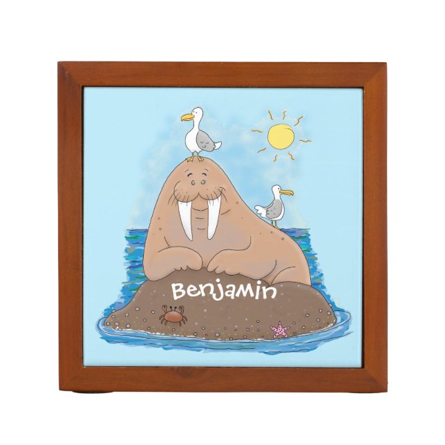 Funny happy walrus cartoon illustration desk organizer (Front)