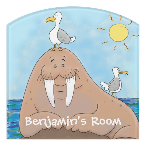 Funny happy walrus cartoon illustration door sign