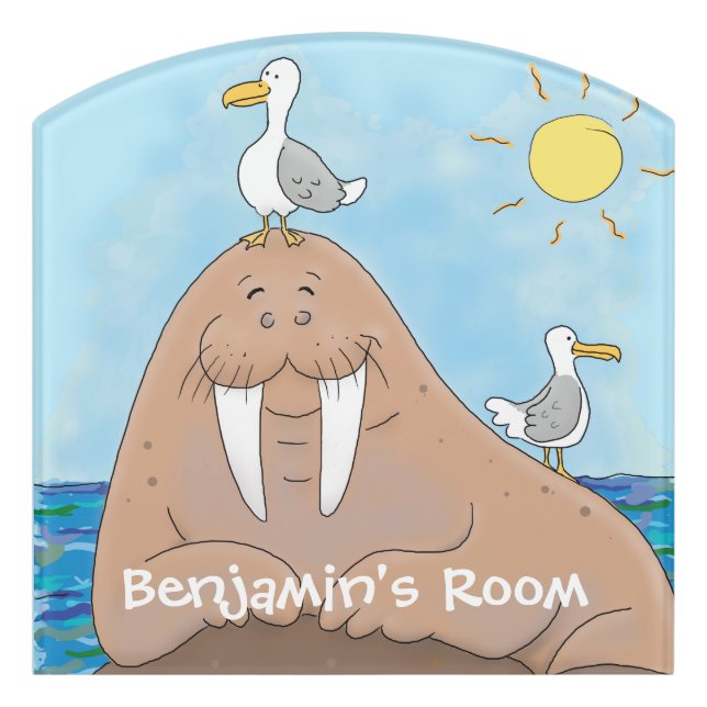 Funny happy walrus cartoon illustration door sign (Contour Front)