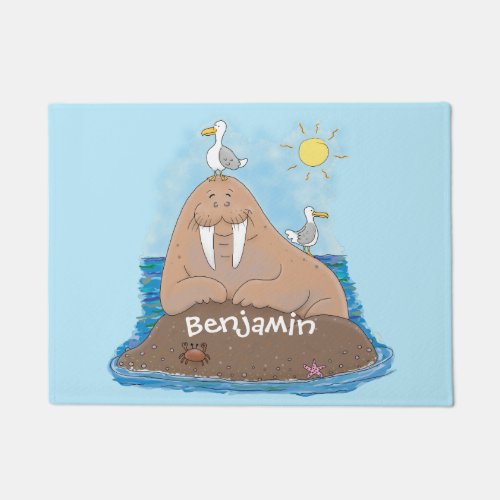 Funny happy walrus cartoon illustration doormat