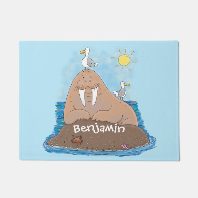 Funny happy walrus cartoon illustration doormat (Front)