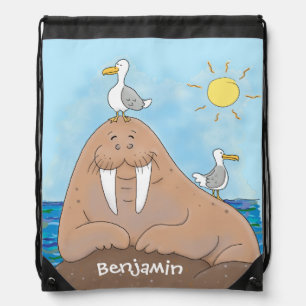 Funny happy walrus cartoon illustration drawstring bag