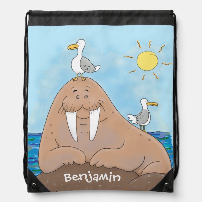 Funny happy walrus cartoon illustration drawstring bag (Front)