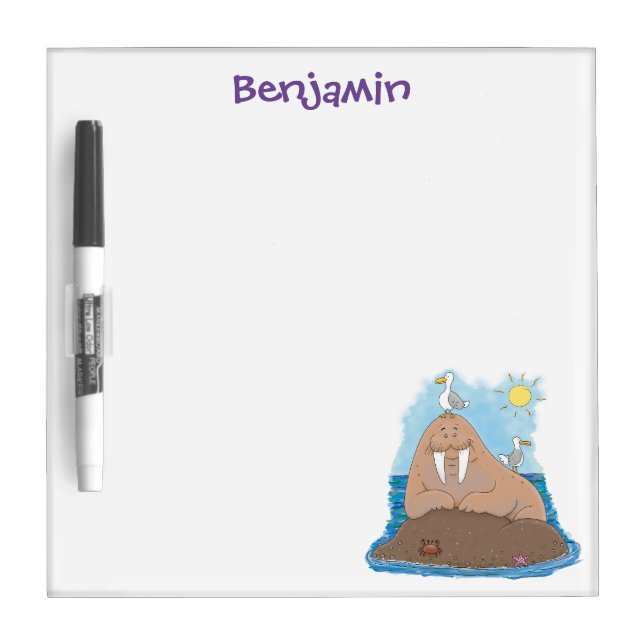 Funny happy walrus cartoon illustration dry erase board (Front)