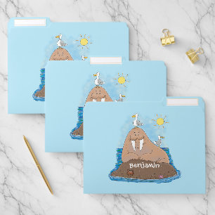 Funny happy walrus cartoon illustration file folder